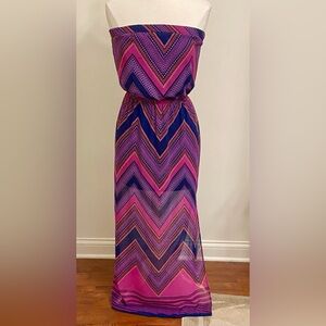Express Purple Blue Chevron Chiffon Strapless Blouson Lined Maxi Dress Size XS